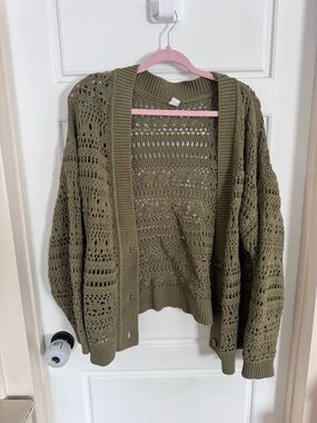 Old Navy Olive Green Open-Knit Button-Up Cardigan